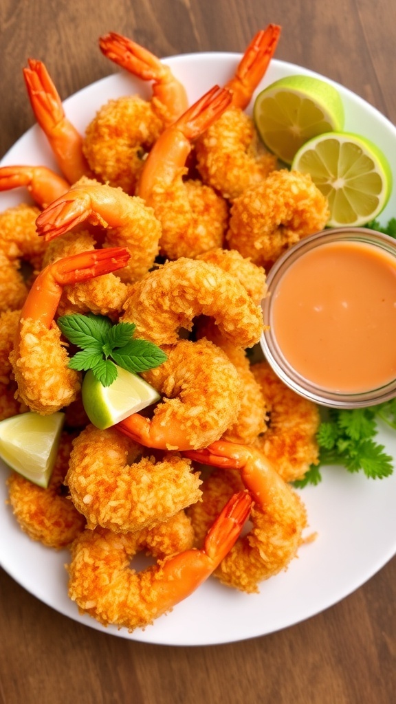 Crispy coconut shrimp served with lime wedges and dipping sauce on a white plate.